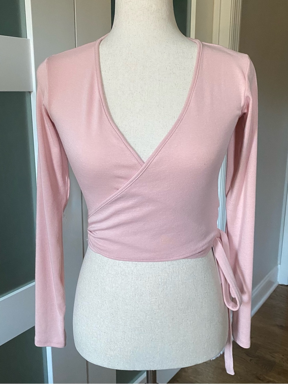 Women's Pink V Neck Wrap Around Tie Top